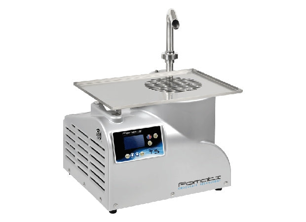 Pomati Chocolate Tempering Machine Tank capacity 9 kg Programmable foot- pedal operated dispenser Double heating circuit for tank, auger, and vibrating table 400V/50Hz/3ph 0.7kW Dim:360(700 with tables)x450x1040 (WxDxH) mm
