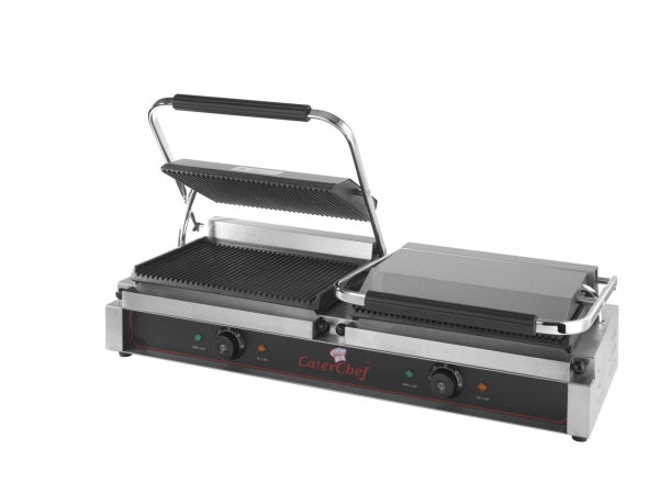 CONTACT GRILL "DUETTO GRANDE" Contact grill. Casing of 18/10 stainless steel. Cast iron griddle plates, both plates with parallel grooves. Short warming-up time, large drip tray, a high turned-up spatter rim, thermostat and indicator lights. 230/50/1,