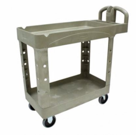 Rubbermaid 2 Level Polymer Transport Utility Cart w/ 500 lb Capacity Raised Ledges Beige