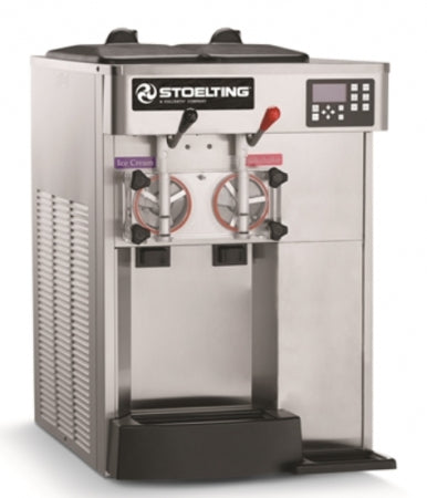 Stoelting Counter-top, Gravity, Combination Soft Serve/Yogurt, Shake Freezer Air Cooled 220-240V/50Hz/1ph Drive Motor: Two 3/4 hp Hopper Volume: Two 3 gallon (11.35 liters) Dim (W x H x D):22'' (55.9 cm) x 34 3/4'' (88.3 cm) x 28 1/2'' (72.4 cm)