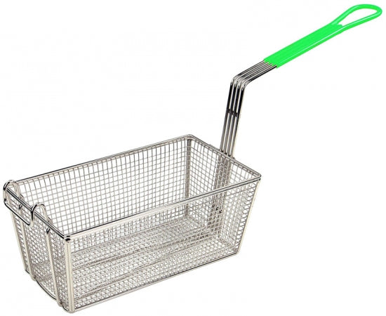Fry Basket, 13-1/4" x 6-1/2" x 5-13/16" high nickel plated one wire, green coated handle