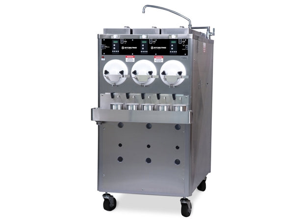 Stoelting Triple Barrel Continuous Flow Freezer Gravity Fed Air remote Cooling Three 8.8 gallon (33.32 liters) Hopper Volume 380V/60Hz/3ph Dimensions 32 1/2'' (82.6 cm) x 61 7/8'' (157.2 cm) x 47 1/8'' (119.7 cm) (WxHxD)