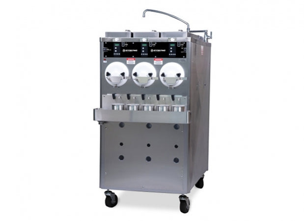 Stoelting Triple Barrel Continuous Flow Freezer Gravity Fed Air remote Cooling Three 8.8 gallon (33.32 liters) Hopper Volume 380V/50Hz/3ph Dimensions 32 1/2'' (82.6 cm) x 61 7/8'' (157.2 cm) x 47 1/8'' (119.7 cm) (WxHxD)