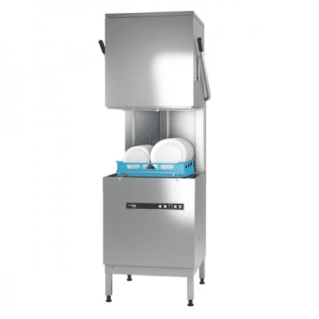 Hood-Type Dishwasher.Cycle time P1/P2* 75 / 150 sec. Capacity:  Up to Up to 48 Racks/hr. Wash temperature 60  C Rinse temperature 82  C Tank capacity 23L Rinse water consumption/Rack P1/P2 2,8L. wash pump 0,4 kW Booster loading 6,2 kW Total loading 6,6