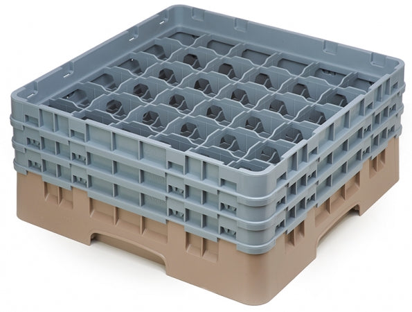 Cambro Beige Camrack Customizable 36 Compartment 6 7/8" Glass Rack.  Included is (1) gray 36E1 extender, (2) gray 36E2 extenders, and (1) beige BR258 base rack.