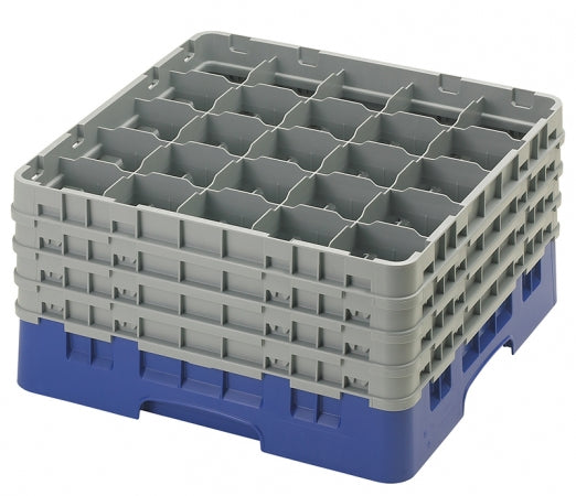 Cambro Camrack 9 3/8" High Customizable Navy Blue 25 Compartment Glass Rack.  Included is (1) gray 25E1 extender, (2) gray 25E2 extender, (1) gray 25E5 extender and (1) navy blue BR258 base rack