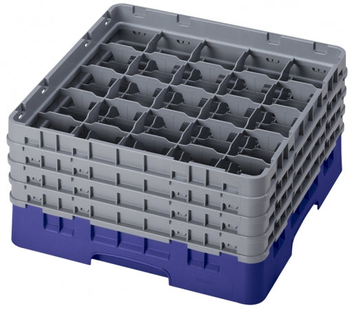 Cambro Camrack 8 1/2" High Customizable Navy Blue 25 Compartment Glass Rack.Included is(1) gray 25E1 extender,(3) gray 25E2 extenders and (1) navy blue BR258 base rack