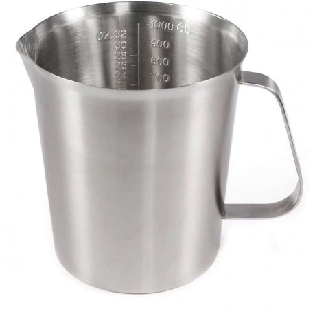 Measure, 32 oz., loop handle, measures in ounces and cc's, embossedinterior graduations, stainless steel