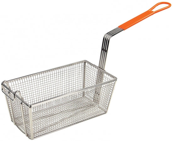 Fry Basket, 12-1/8" x 6-5/16" x 5-15/16", high nickel plated one wire, orange coated handle