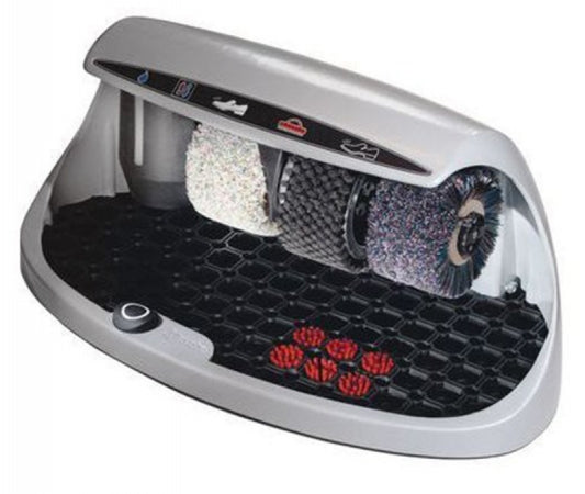 HEUTE Cosmo Shoe shine machine. Claret case: Cast Aluminum. 1 Cleaning & 2 Polish Brushes, Sensor Switch/ Polish Dispenser. Black Cable with UK 13 Amp Plug. Dim: 60x38x32Cm. 230/50/1, 130 watt, 1200 rpm.