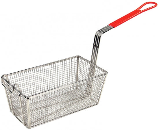 Fry Basket, 12-7/8" x 6-1/2" x 5-3/8" high nickel plated one wire, red coated handle