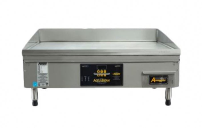 AccuTemp Accu-Steam Griddle, countertop, electric, 24" x 24" grill area, 7 ga.304 stainless steel cooking surface, digital thermostat and controls, 4"grease trough, 14 ga. stainless steel cabinet, 4" legs, 400V/50Hz/3ph,9.6kW, 15.41 amps
