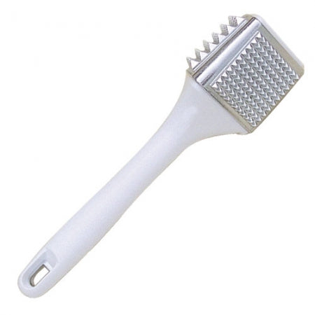 Meat Tenderizer, 10-3/4" long, 2-3/4" x 2-3/8" heads, 3-sided: largeteeth, small teeth, and flat, molded textured poly handle, castaluminum, white