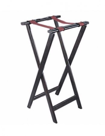 Deluxe Tray Jack (Stand), folding, hardwood w/mahogany furniture finish, 1-3/4 x 3/4 wood , 31-1/2 high rubber slip proof top rings, replaceable burgundy webbing