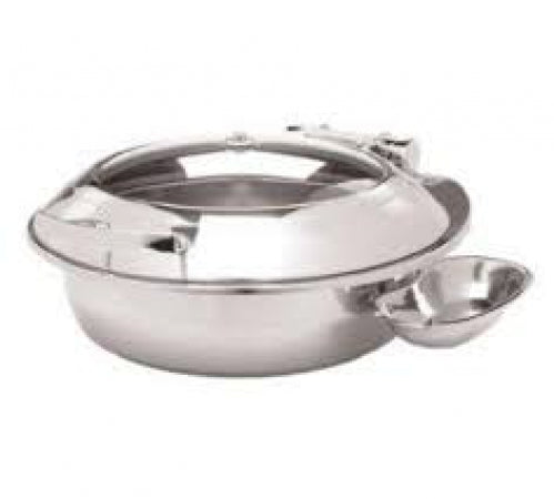 UCG01 Induction Chafing Dish, round, 6.5 liter capacity, removablesingle chamber insert with push pin, lid opens 90  with adjustable rateof descent, drip channel, glass viewing window in lid, adjustablerubber foot on back of dish, stainless steel const