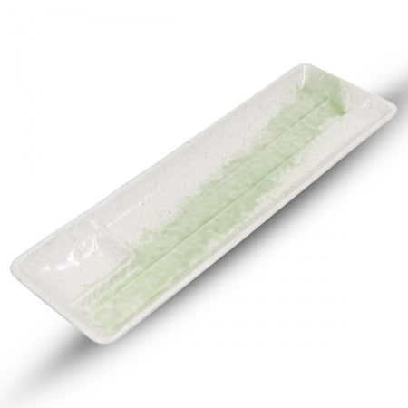 Korin Speckled Beige and Green Oblong Plate with Sauce Well Size: 13.2"L x 4.2"W x 1"H