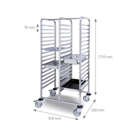 Double rail trolley 17 x 2 for 1/1 GN pans, Entrance 325 mm, @75mm each Rail,Size: 810 x 635 x 1710 mm