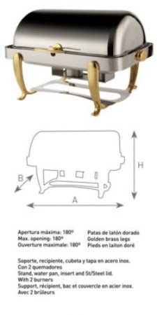 Rectangular Roll Top Chafing Dish, Max. opening 180*, Golden brass legs, stand, water pan, insert and stainless steel lid with 2 burners.