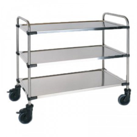 Serving trolley made of stainless steel, tubular pushing handle, deep-drawn 3 shelves with raised edge, sound-deadened, screwed construction, max. surface load per shelf 80 kg.