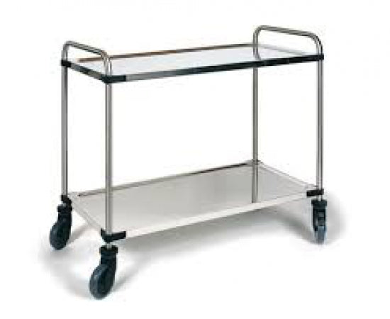 Serving trolley made of stainless steel, tubular pushing handle, deep-drawn 2 shelves with raised edge, sound-deadened, screwed construction, max. surface load per shelf 80 kg.