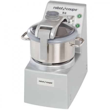 R8 Commercial Vertical Table-Top Cutter-Mixer, 400/50/3 (21071), Power 3 HP-Three phase. 2 speed 1725/3450 rpm (2 HP on low speed and 3 HP on high speed). On/off and pulse switch control & Power Indicator Lights. Induction motor. Magnetic safety system