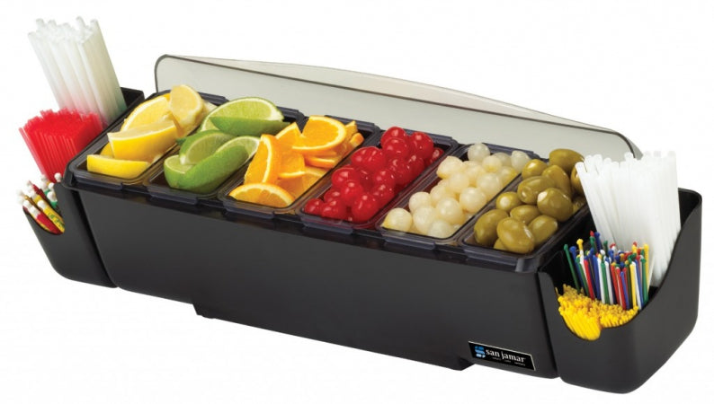 San Jamar Garnish Center - (4) 1 Pt Std Trays, (1) 2 Qt Deep Trays, (2) Caddies & Handles
