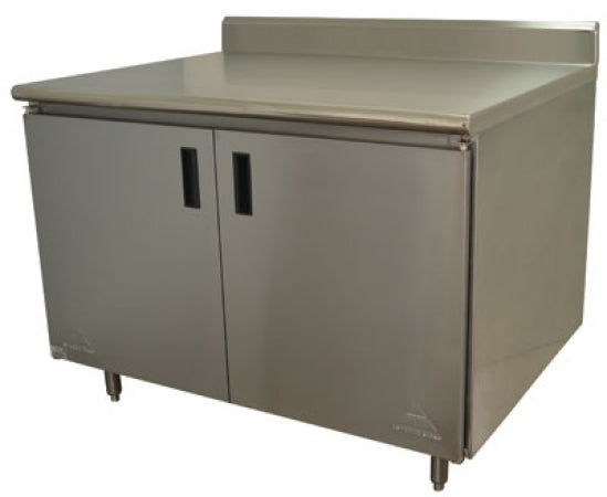 Advance Tabco Work Table, 36"W x 24"D, cabinet base with hinged doors, 14 gauge304 stainless steel top with 5"H backsplash, stainless steel legs withadjustable hex feet, NSF
