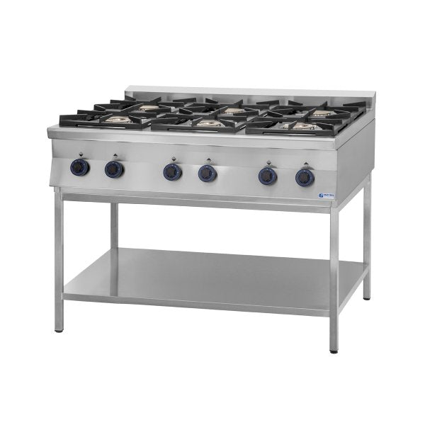 GT6.712SE Gasztrometál gas stove with 6 burners, opened cabinet