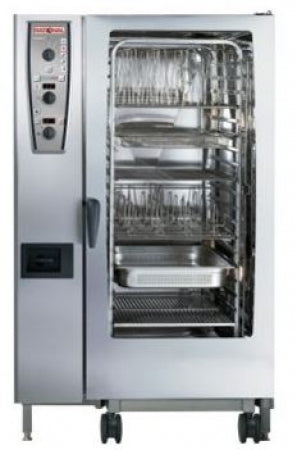 Rational CombiMaster Combination Gas oven features Steam cooking at 30-130Â°C Hot air cooking at 30-300Â°C and a combination of both at 30-300Â°C 5 fan air speed Lengthwise loading for 20 - 18"x26" or 2/1, 1/1 GN accessories Anolog control